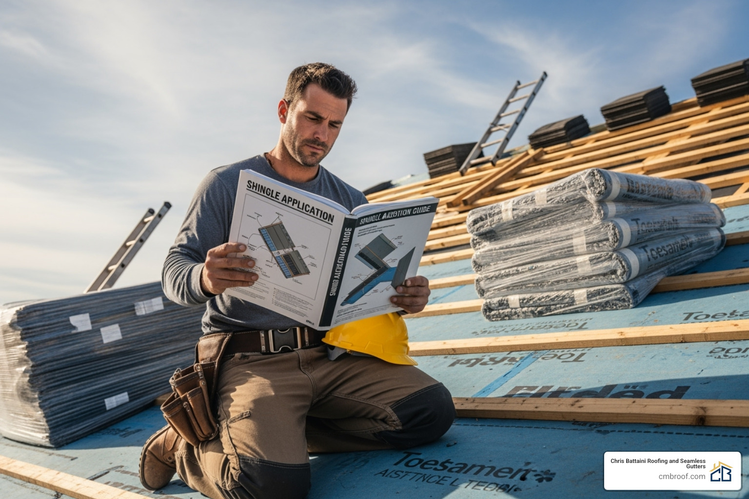 Contractor studying Shingle Applicator's Manual - certainteed shingle master Contractor studying Shingle Applicator's Manual - certainteed shingle master