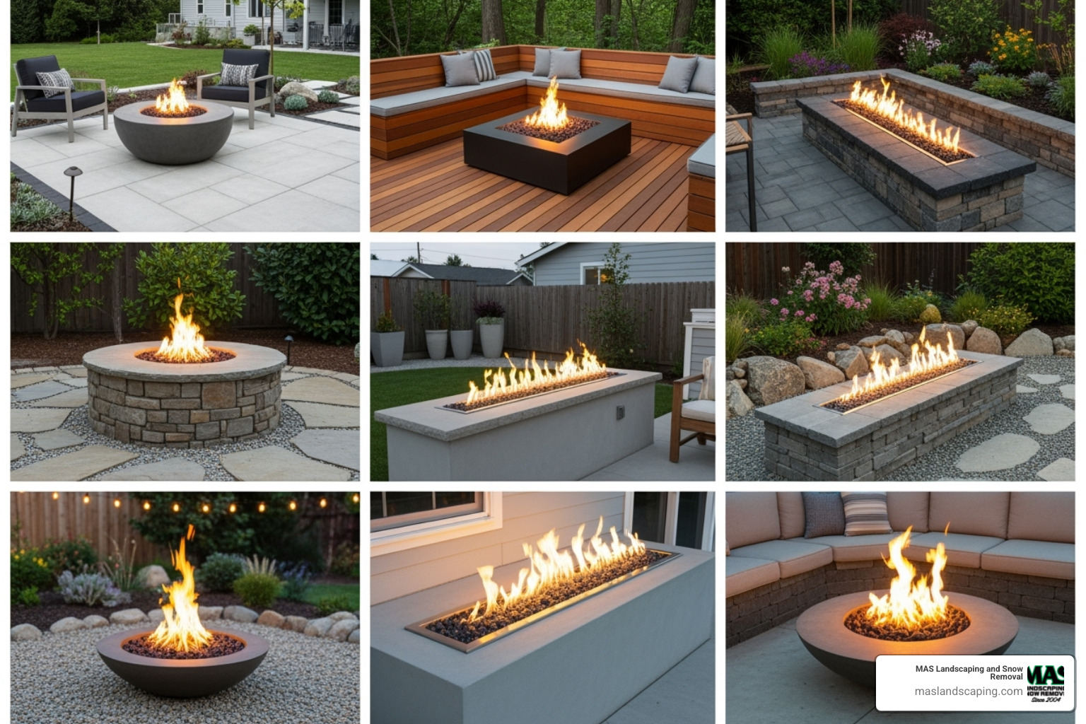 Different fire pit shapes like round, square, and linear in various backyard settings - Natural gas firepit