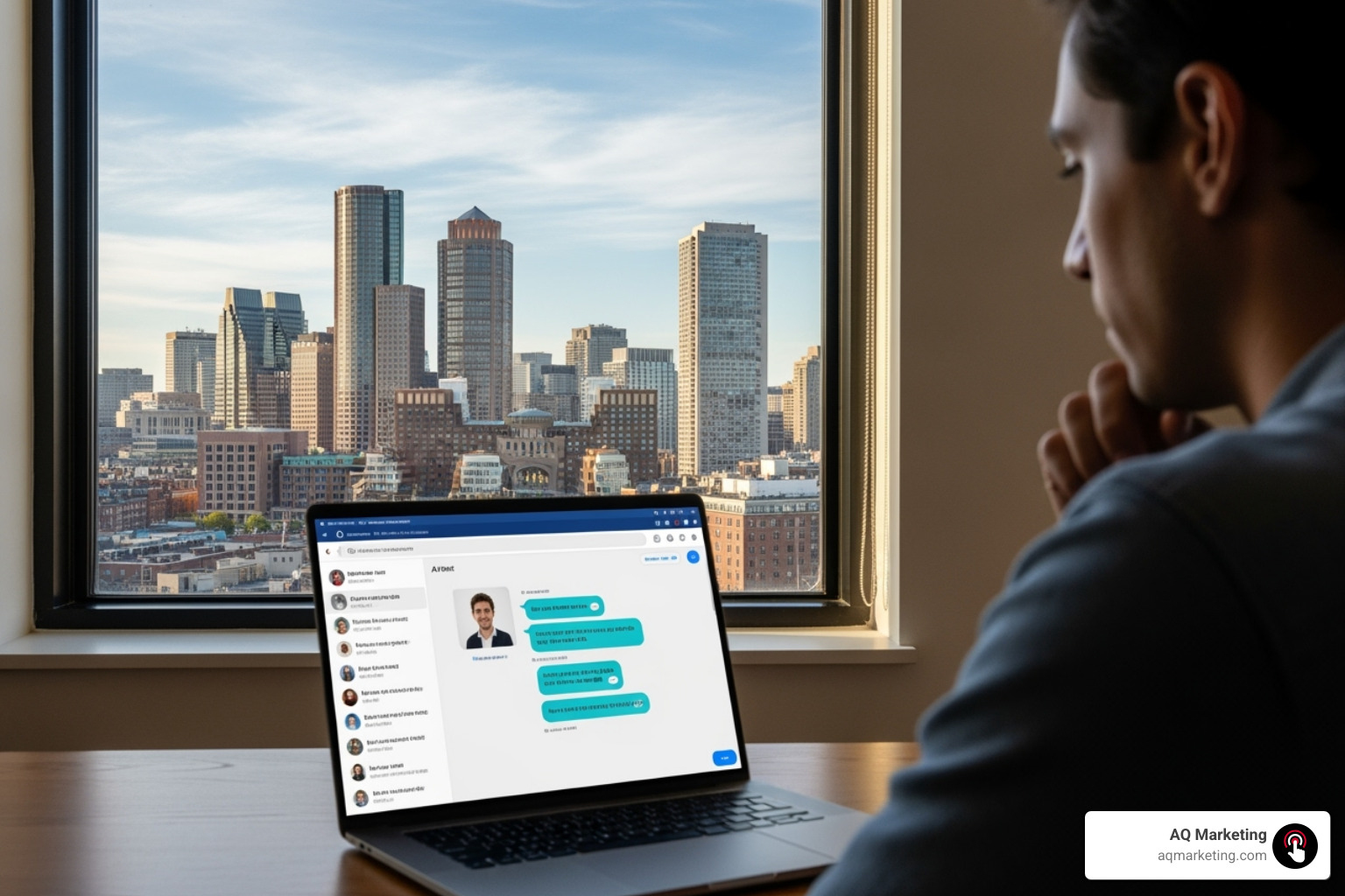 Customer interacting with an AI chatbot on a website with a Boston skyline background - AI for customer retention Customer interacting with an AI chatbot on a website with a Boston skyline background - AI for customer retention