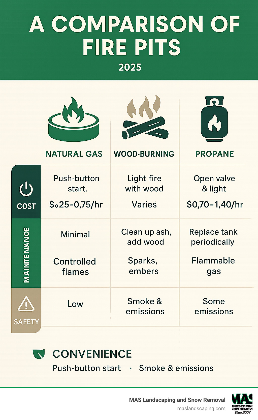 Comprehensive comparison infographic showing natural gas fire pits versus wood-burning and propane alternatives, highlighting differences in convenience factors like ignition method and fuel supply, operating costs per hour, maintenance requirements including cleanup and refueling needs, safety considerations, and environmental impact - Natural gas firepit infographic 
