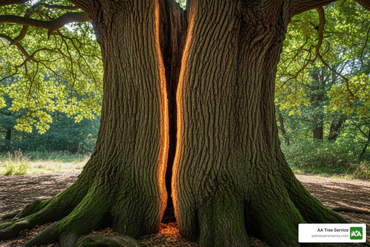 large tree with a visible crack down the trunk - tree removal Portsmouth NH