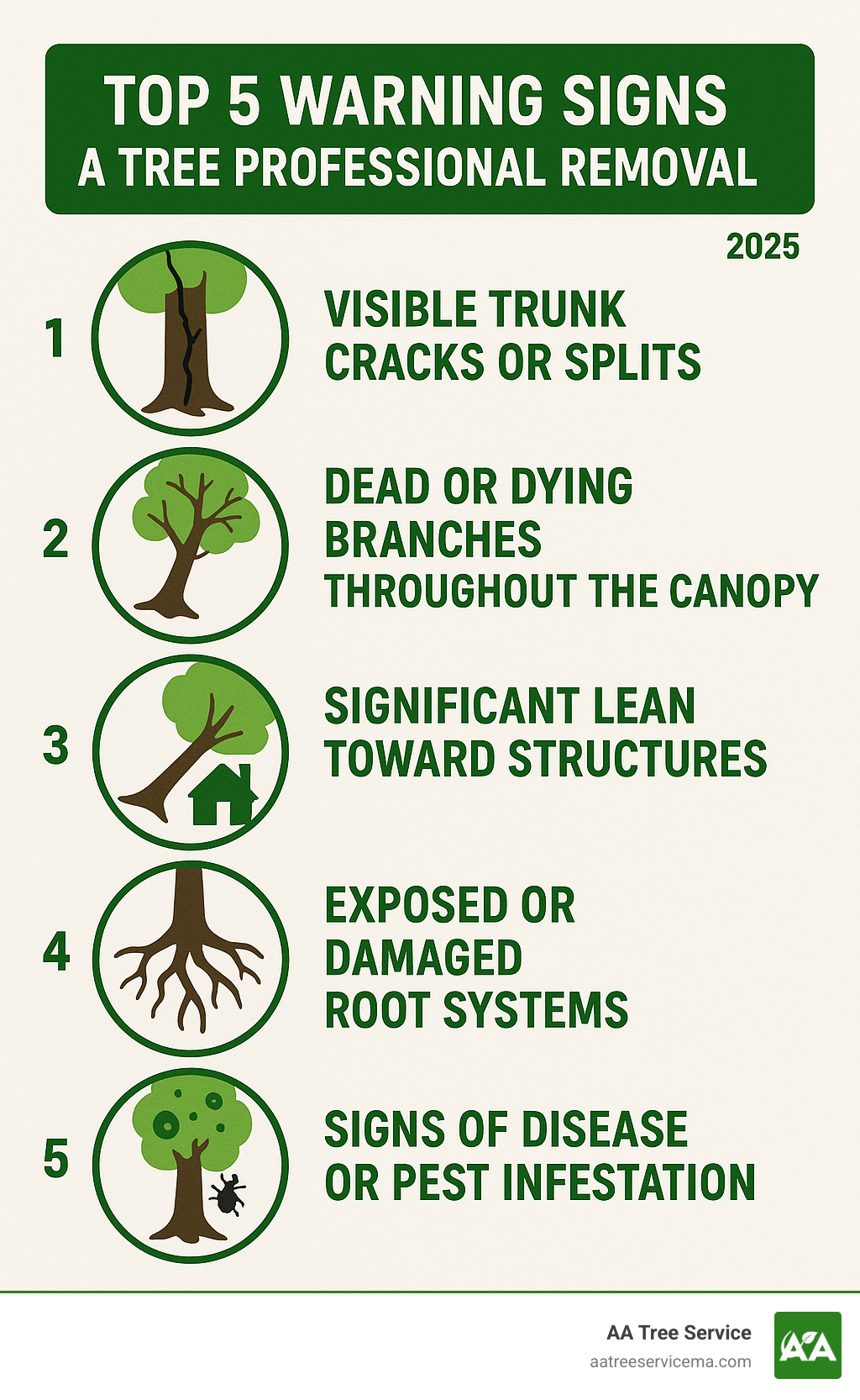 Infographic showing the top 5 warning signs that indicate a tree needs professional removal: visible trunk cracks or splits, dead or dying branches throughout the canopy, significant lean toward structures, exposed or damaged root systems, and signs of disease or pest infestation - tree removal Portsmouth NH infographic 
