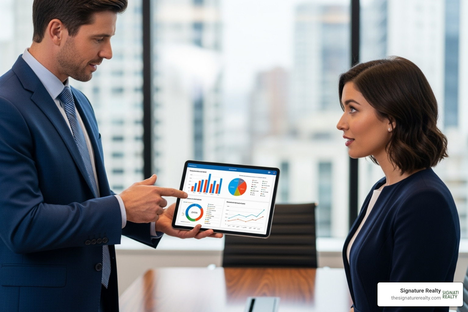 broker using a tablet to show a client data analytics - Commercial real estate brokerage broker using a tablet to show a client data analytics - Commercial real estate brokerage