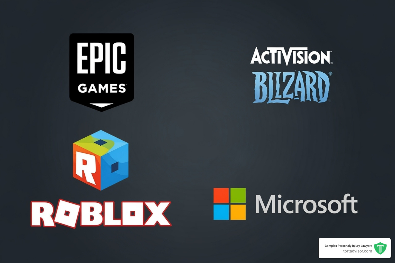 Logos of Epic Games, Activision Blizzard, Roblox, and Microsoft - lawsuit for gaming addiction