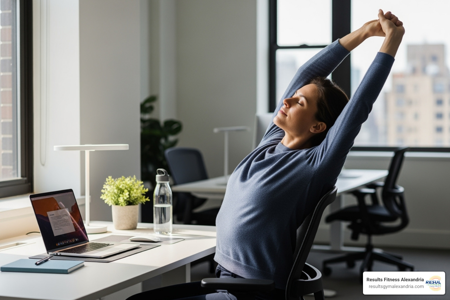 person stretching mindfully at an office desk - Mind body fitness person stretching mindfully at an office desk - Mind body fitness