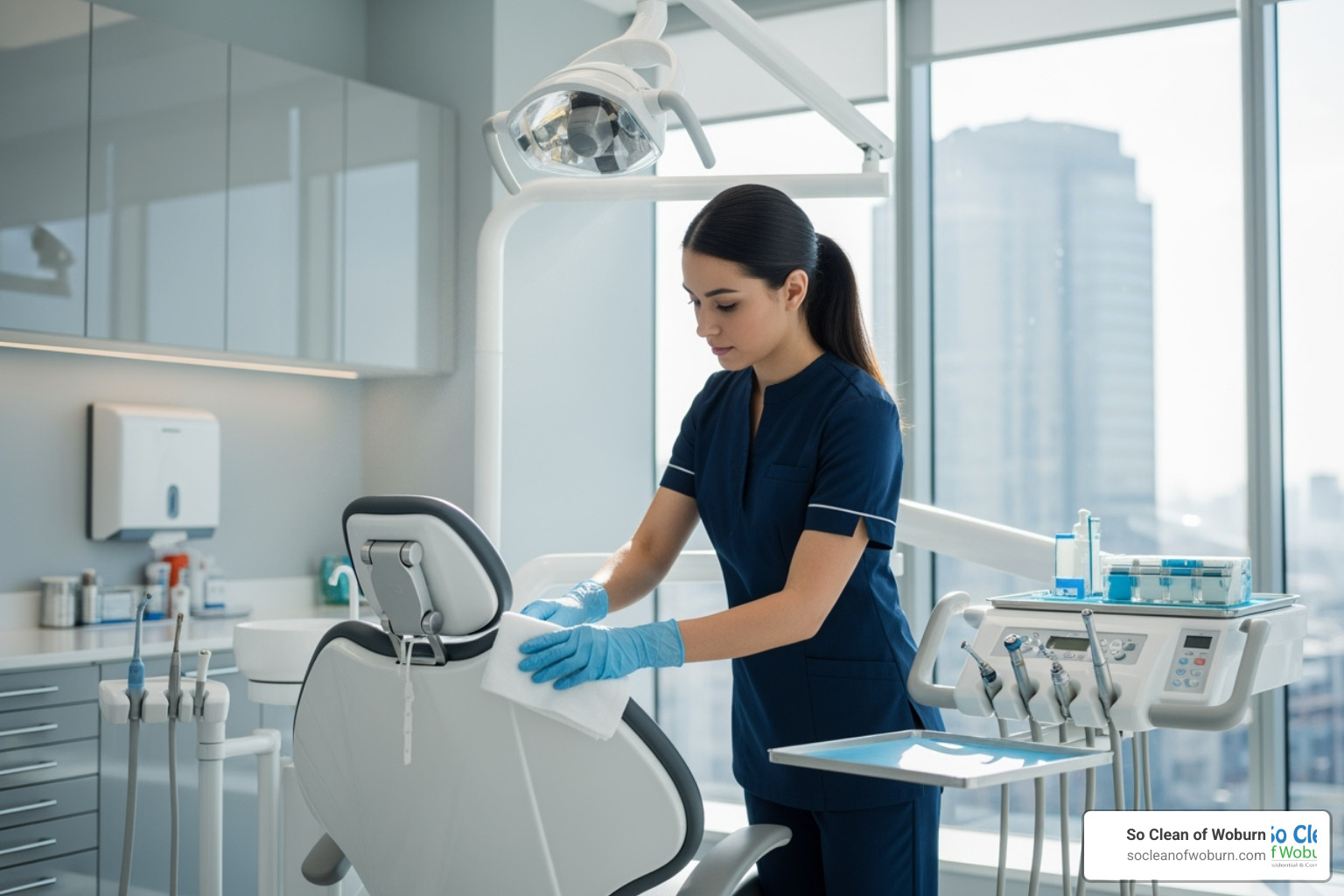 Cleaning professional wiping down a high-touch surface in a dental office - dental office cleaning Cleaning professional wiping down a high-touch surface in a dental office - dental office cleaning