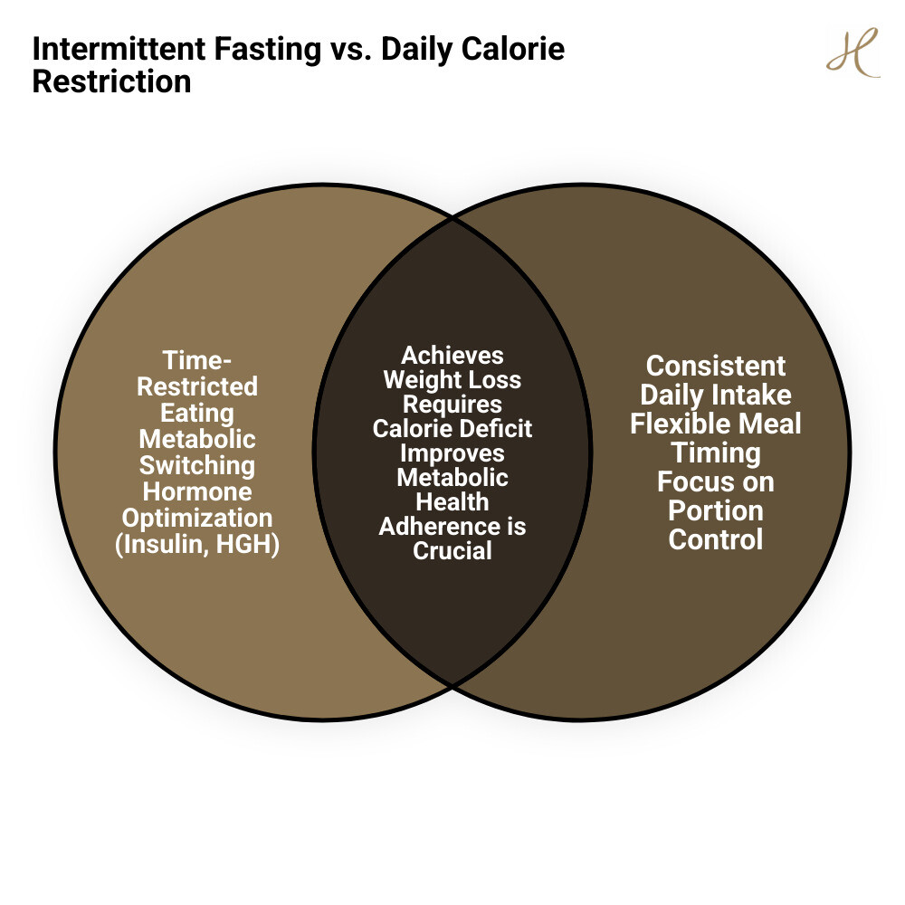 Infographic showing the comparison between intermittent fasting and traditional calorie restriction - does intermittent fasting work for weight loss infographic venn_diagram Infographic showing the comparison between intermittent fasting and traditional calorie restriction - does intermittent fasting work for weight loss infographic venn_diagram
