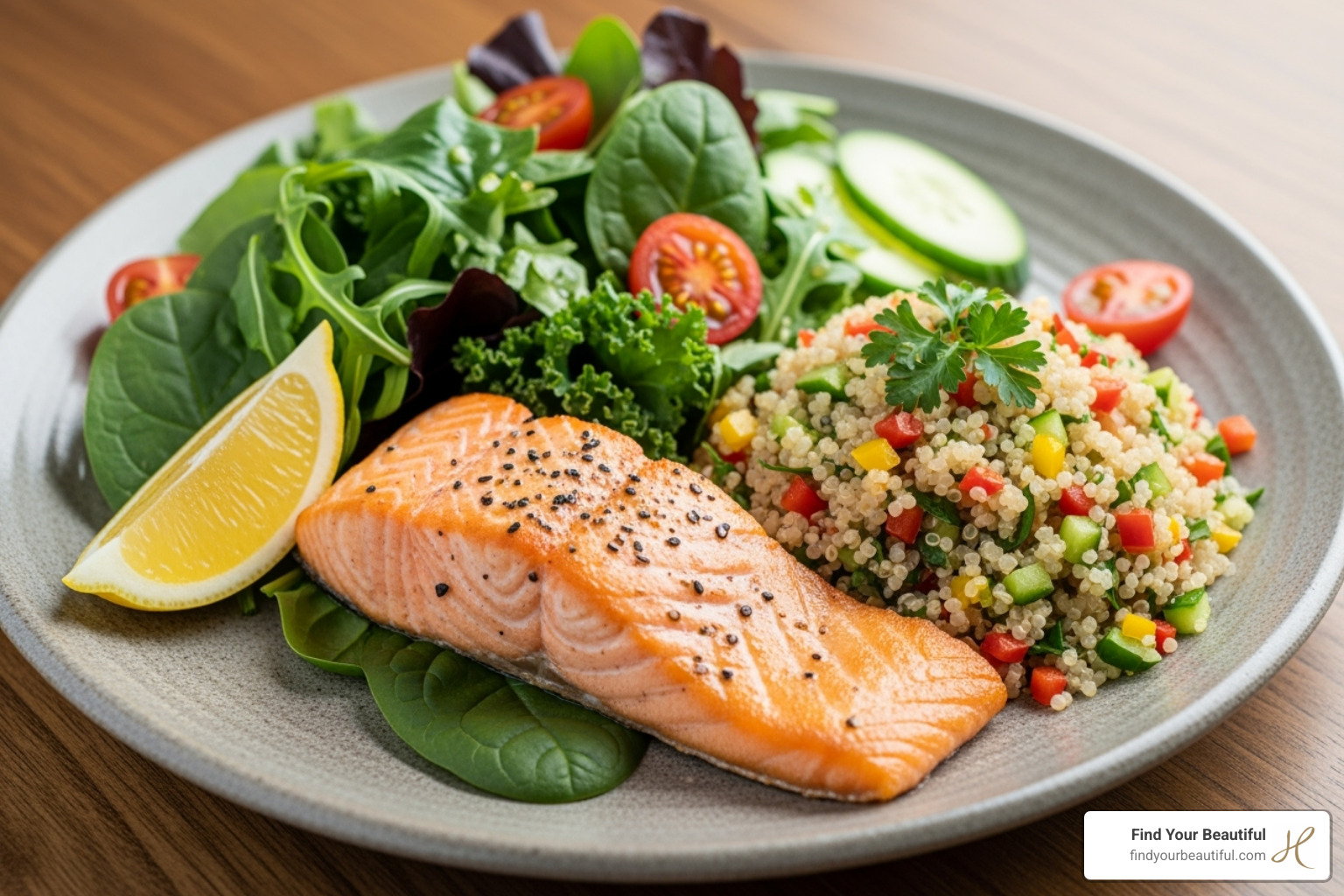 A plate of healthy, nutrient-dense food including salmon, quinoa, and leafy greens. - does intermittent fasting work for weight loss A plate of healthy, nutrient-dense food including salmon, quinoa, and leafy greens. - does intermittent fasting work for weight loss