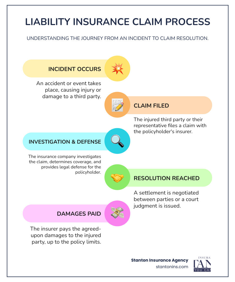 Comprehensive infographic showing the liability insurance claims process: incident occurs between two parties, injured party files claim, insurance company investigates and determines coverage, insurer provides legal defense for policyholder, settlement negotiated or court judgment reached, insurance company pays damages up to policy limits to injured party - definition for liability insurance infographic infographic-line-5-steps-colors