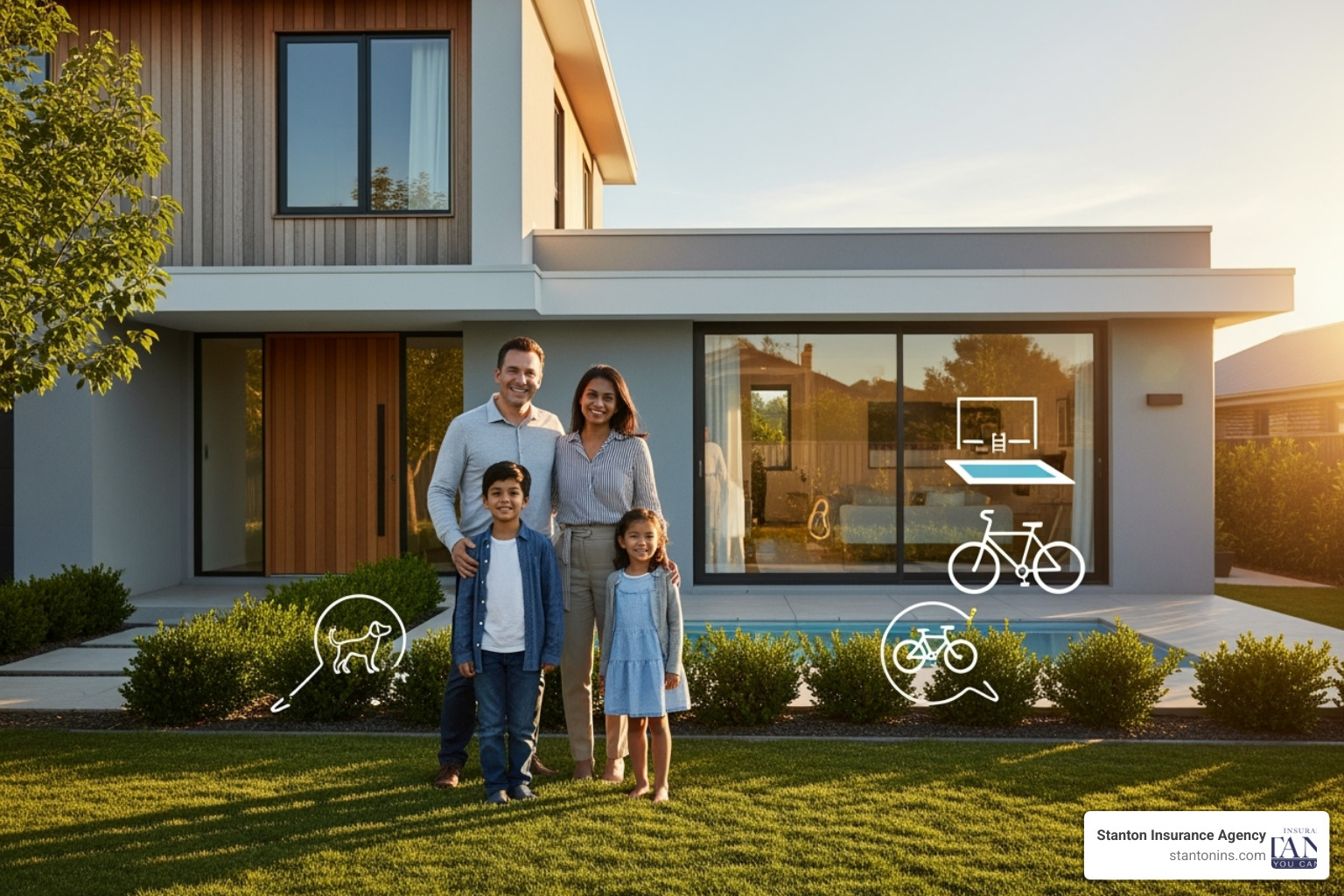Family outside their home with icons for a dog, a bicycle, and a swimming pool - definition for liability insurance