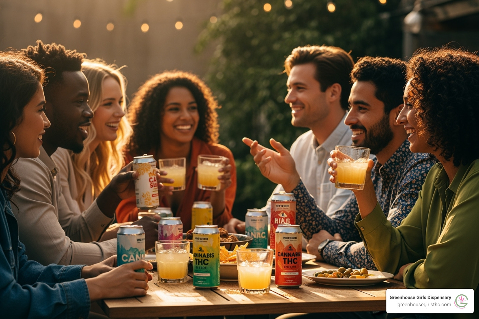 Friends enjoying cannabis seltzers at a social gathering - Cannabis beverage market