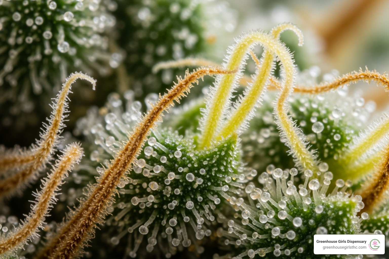 Close-up of crystalline trichomes on a cannabis plant - THCa flower near