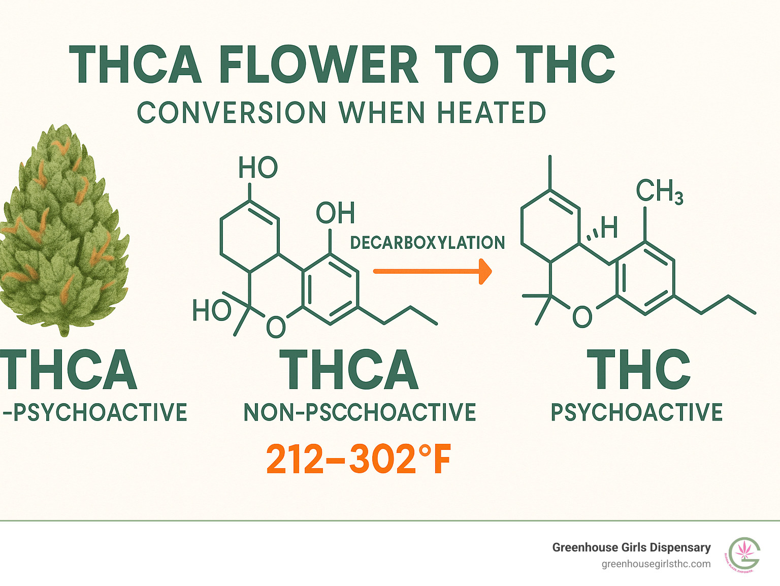 Infographic showing THCa flower converting to THC when heated, displaying the molecular change from non-psychoactive THCa to psychoactive THC through decarboxylation process with temperature indicators - THCa flower near infographic 