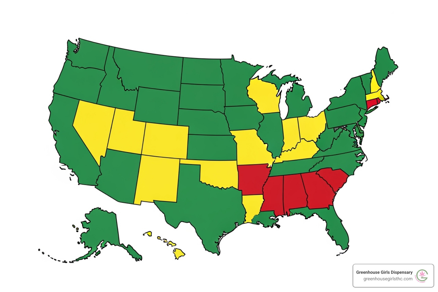 Map of the United States color-coded by THCa legality: Green for Legal, Yellow for Gray Area/Restricted, Red for Illegal - THCa legal status