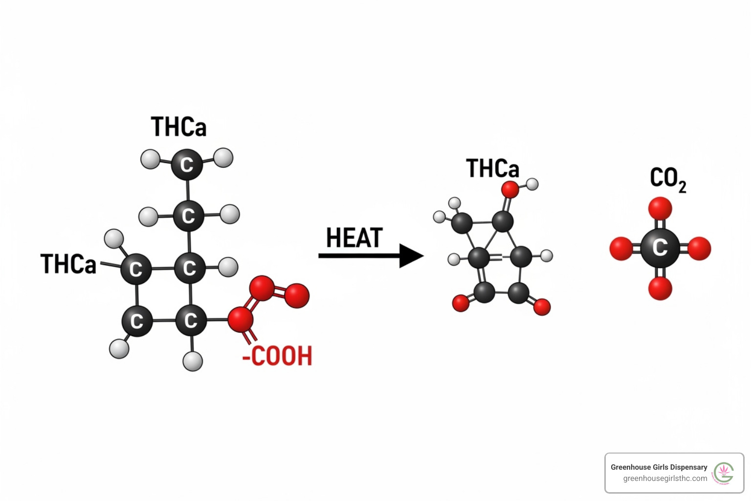 Illustration of the decarboxylation process, showing a THCa molecule with its carboxyl group, an arrow indicating heat, and then a THC molecule with the carboxyl group removed, plus a separate CO2 molecule - THCa legal status