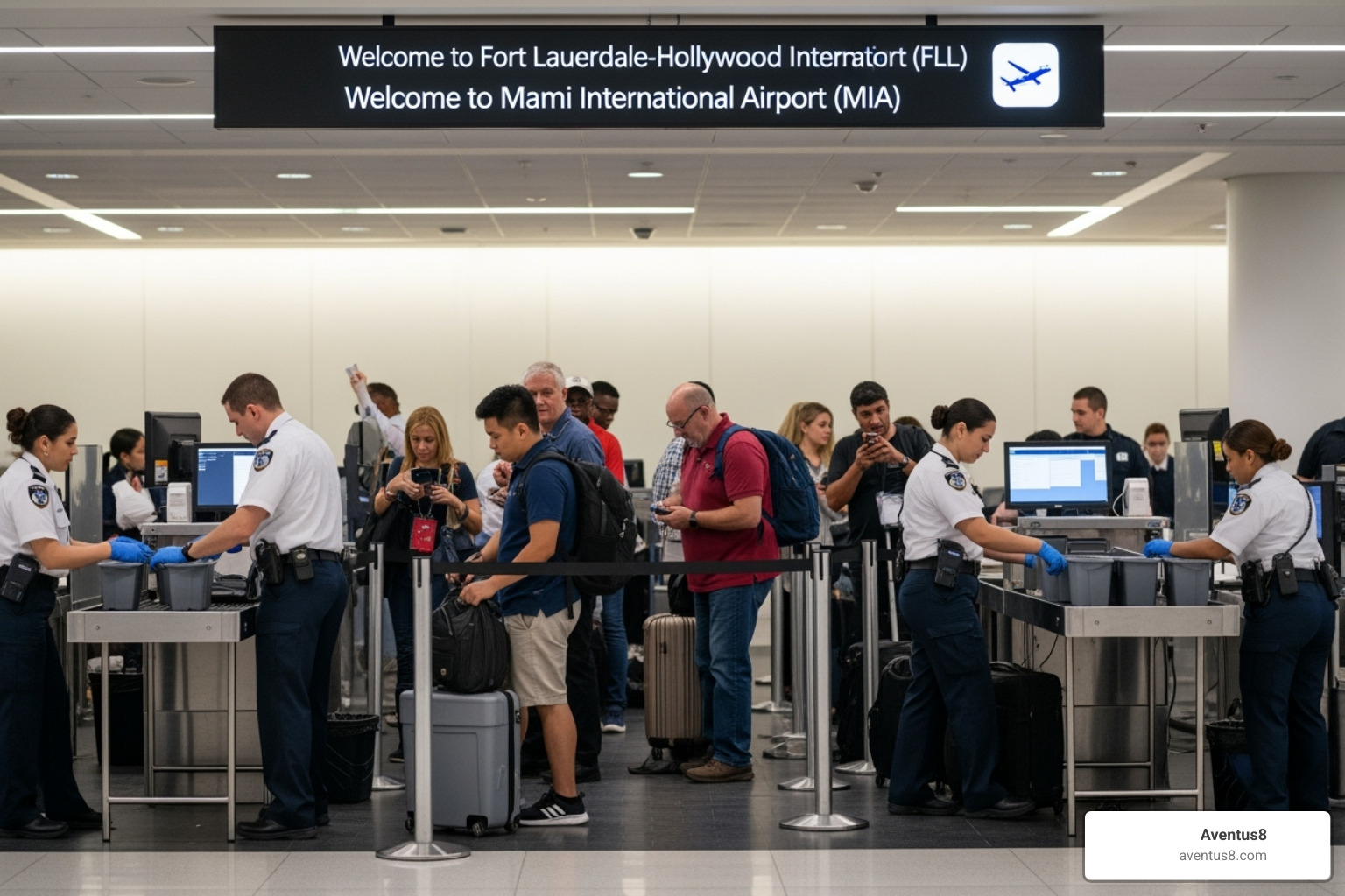 Airport security line, preferably with signage for FLL or MIA - traveling with thc vape