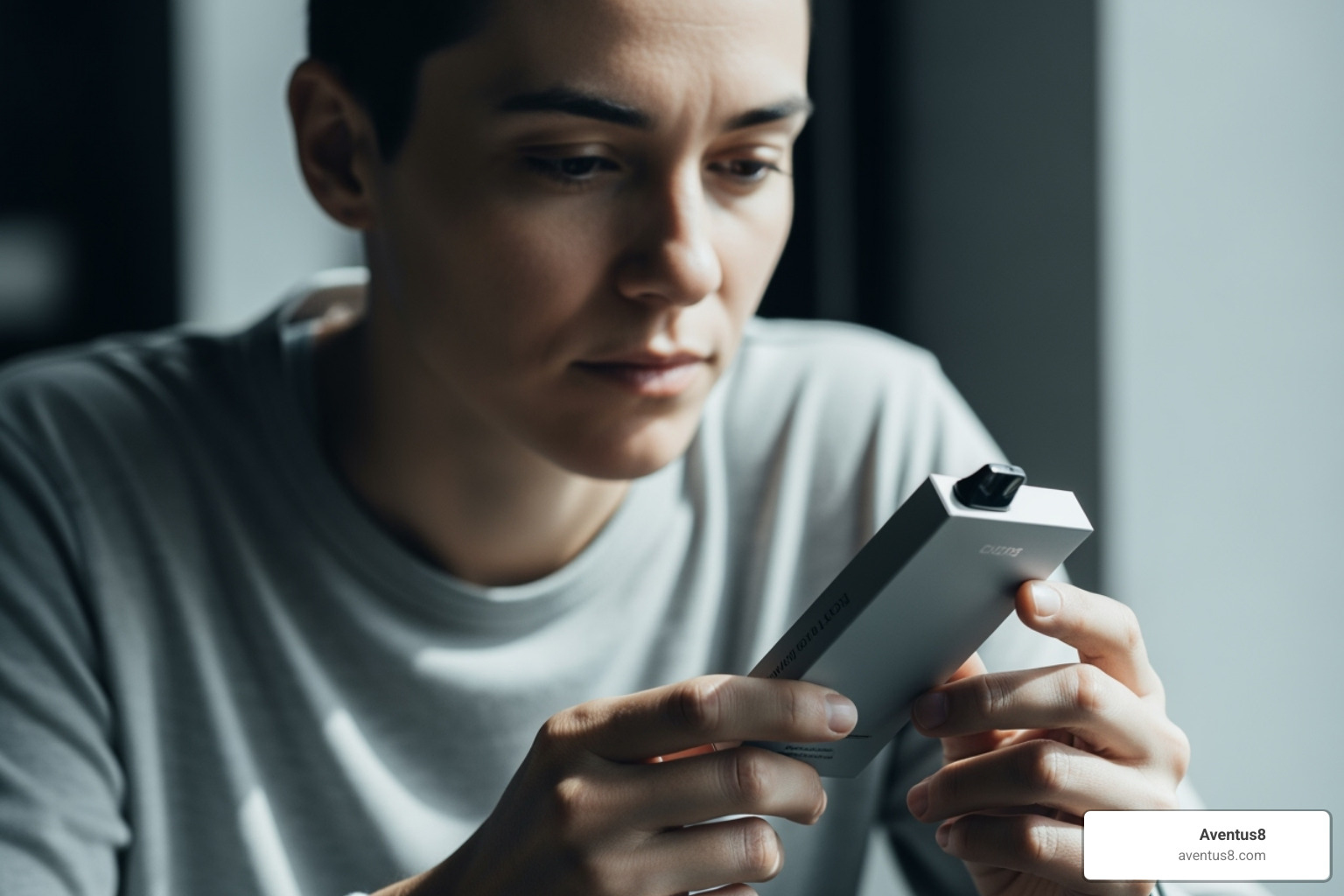a person looking thoughtfully at an Aventus8 vape pen package - THC vape reviews
