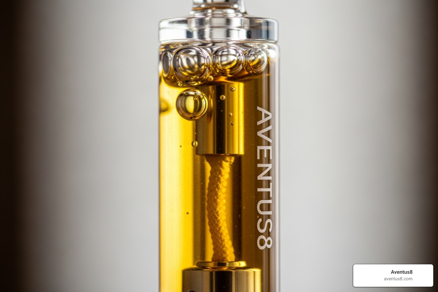 golden, high-quality live resin oil in an Aventus8 cartridge - THC vape reviews