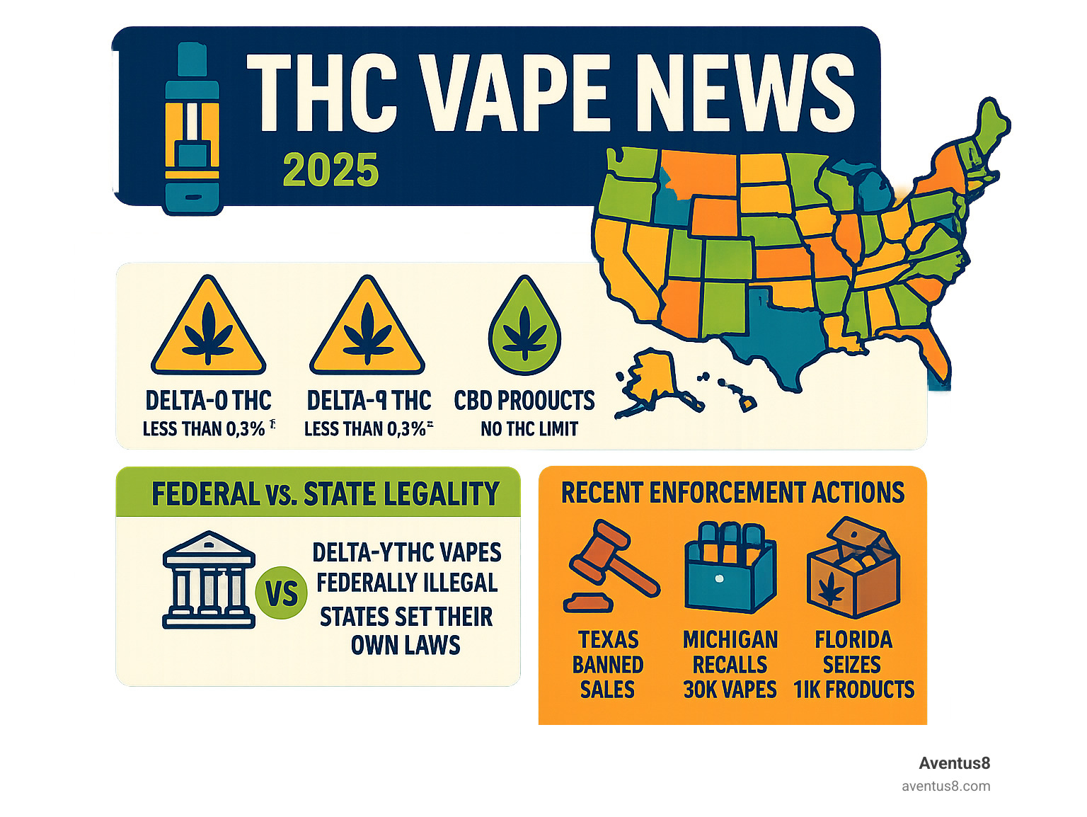 Infographic showing the current legal status of THC vapes across different states, highlighting key differences between Delta-8 THC, Delta-9 THC, and CBD products, including THC concentration limits, federal vs state regulations, and recent enforcement actions in Texas, Michigan, and Florida - THC vape news infographic 