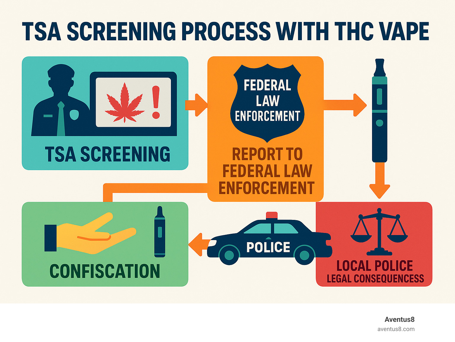 Infographic showing TSA screening process with THC vape detection, federal law enforcement referral, and potential outcomes including confiscation, local police involvement, and legal consequences - traveling with thc vape infographic 