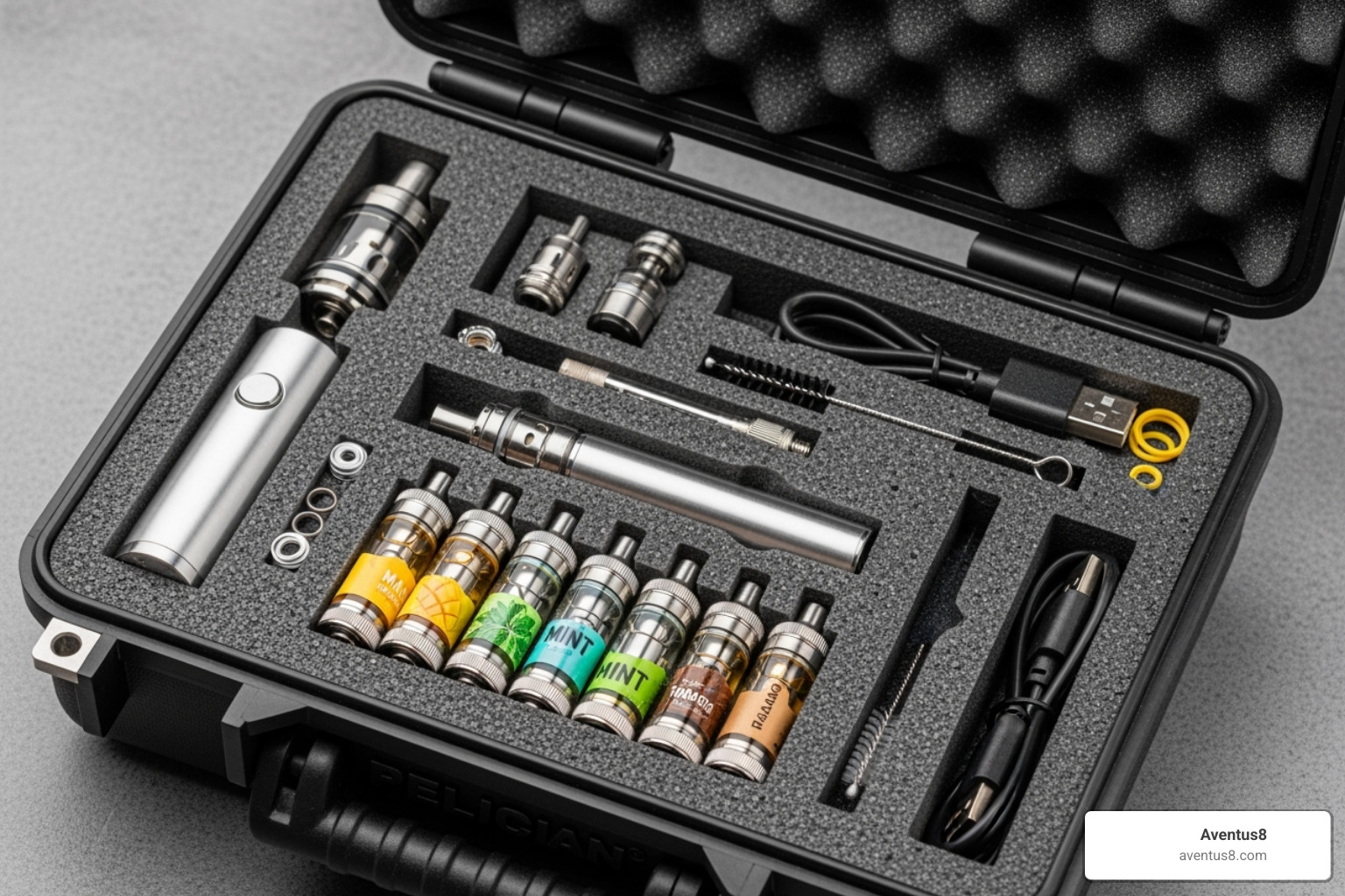 A disassembled vape pen with cartridges and accessories laid out in a protective case for travel - how to travel with thc vape