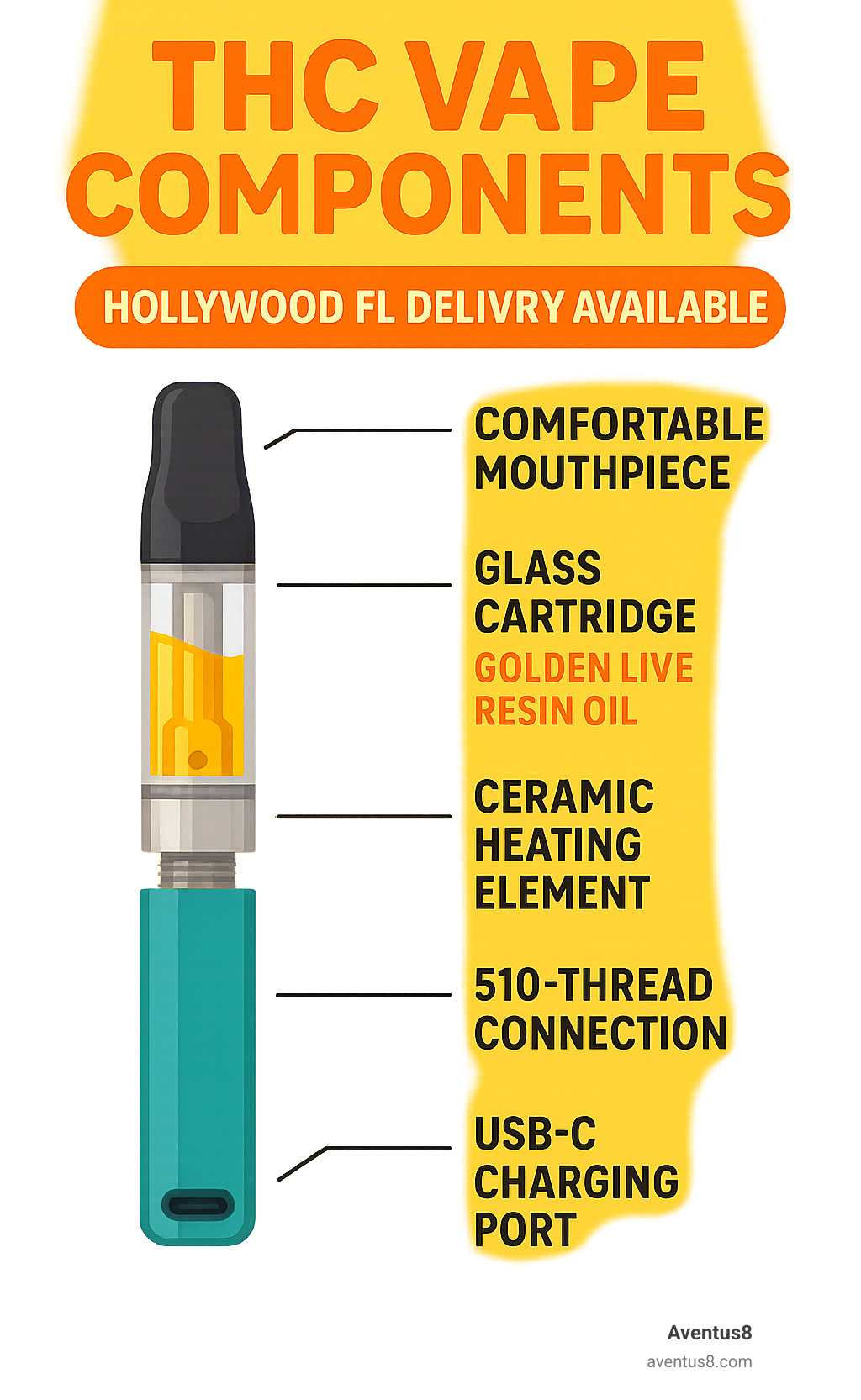 Infographic showing THC vape components: battery with USB-C charging port, 510-thread connection, ceramic heating element, glass cartridge with golden live resin oil, and comfortable mouthpiece, with labels indicating Hollywood FL delivery availability - THC vape reviews infographic 