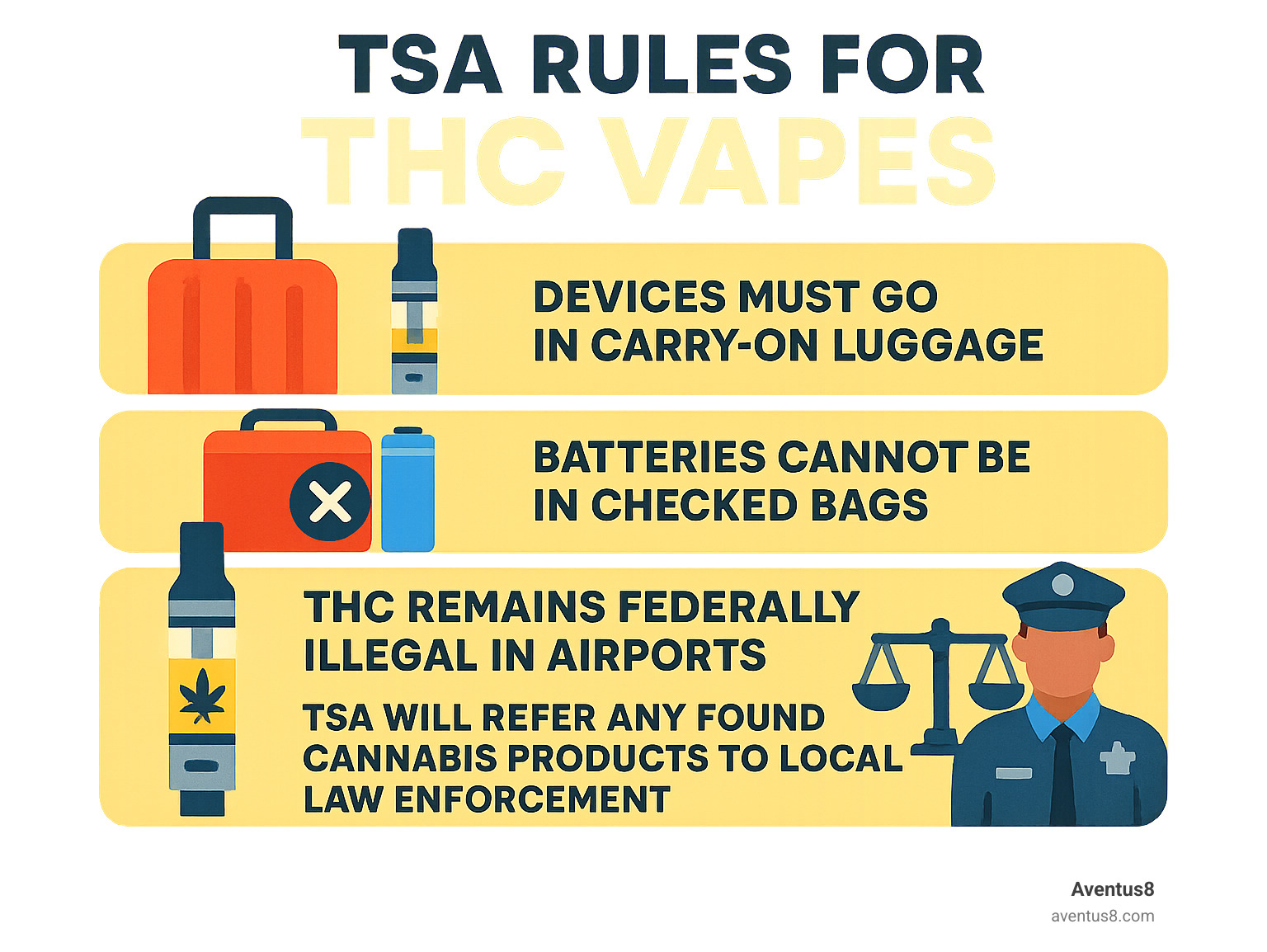 Infographic showing TSA rules for THC vapes: devices must go in carry-on luggage, batteries cannot be in checked bags, THC remains federally illegal in airports, and TSA will refer any found cannabis products to local law enforcement - how to travel with thc vape infographic 