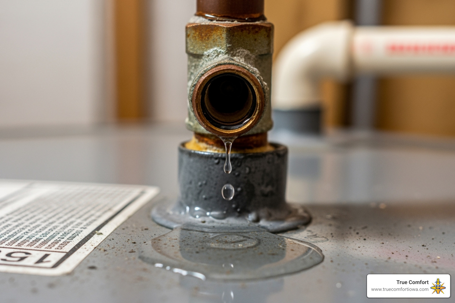 water dripping from a pipe fitting on top of a water heater - hot water heater leaking