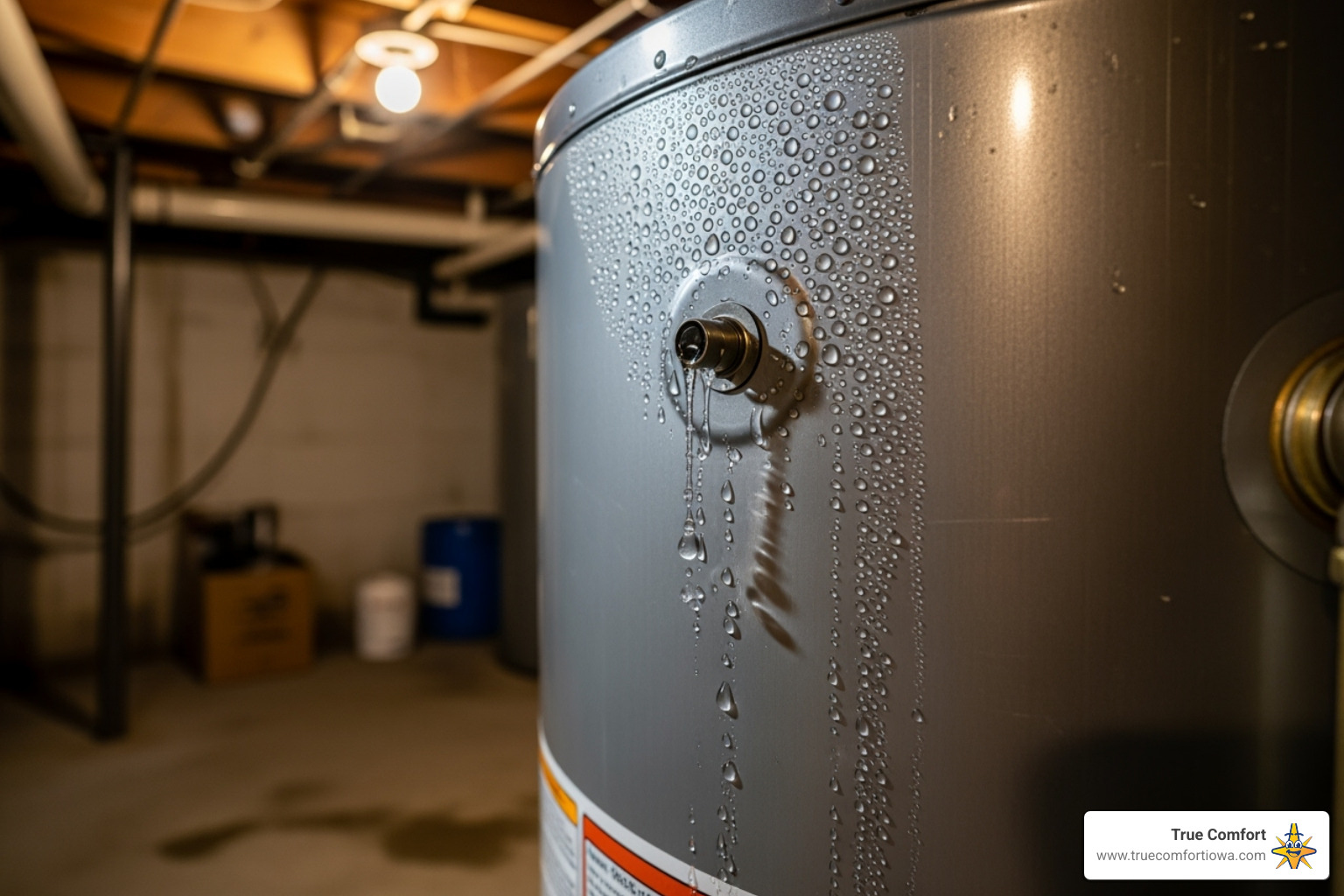 condensation beading on the side of a water tank - hot water heater leaking