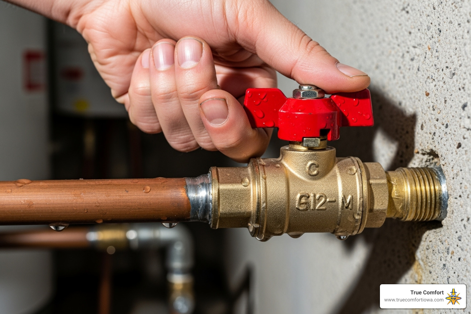 hand turning off a water valve - hot water heater leaking