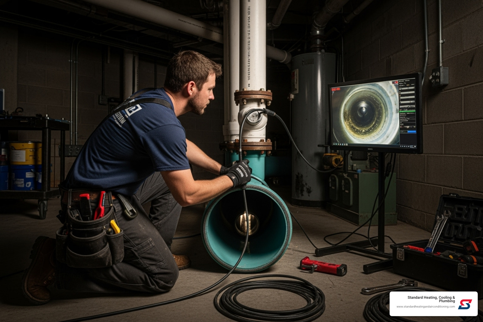 Plumber using a video camera inspection tool in a commercial drain - plumbing services birmingham al
