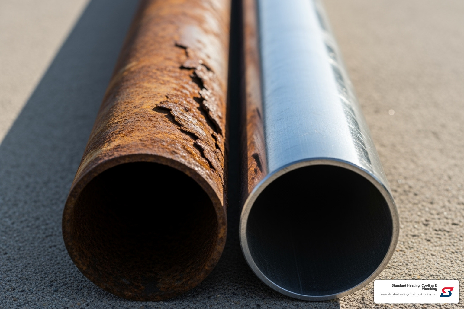Old, corroded pipe next to a new one - plumbing services birmingham al
