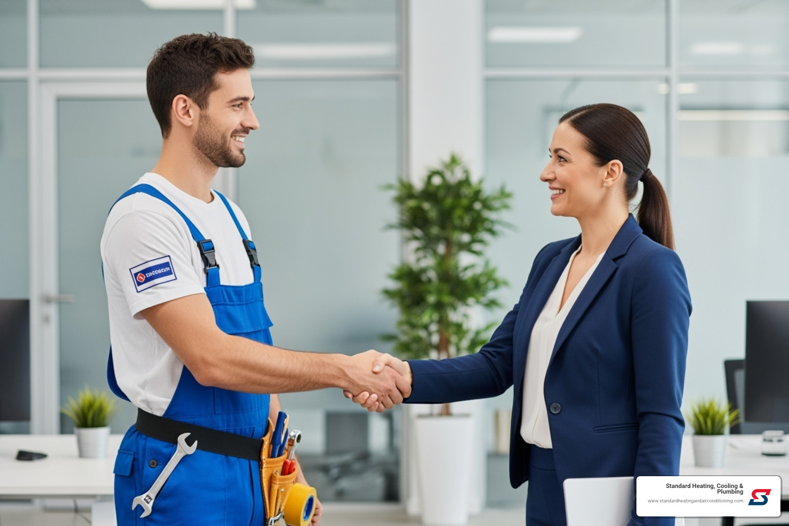 Friendly, uniformed plumber shaking hands with a business manager - plumbing services birmingham al