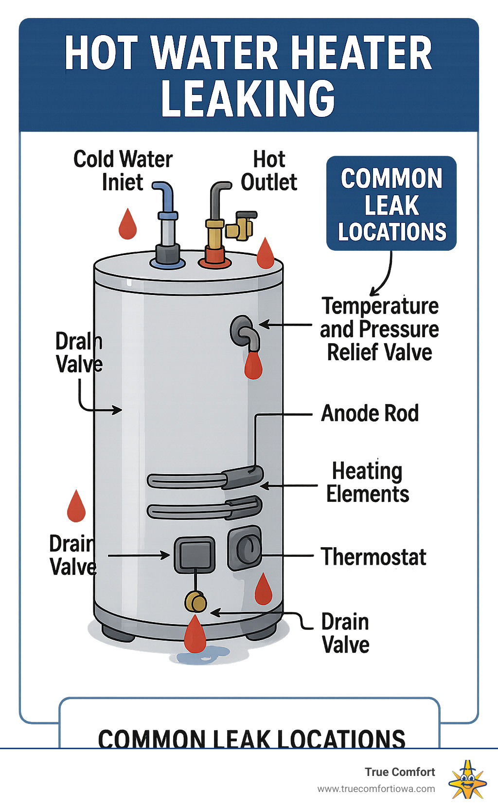 Detailed diagram showing the main components of a tank water heater including cold water inlet, hot water outlet, temperature and pressure relief valve, drain valve, anode rod, heating elements, and thermostat with labels pointing to common leak locations - hot water heater leaking infographic 