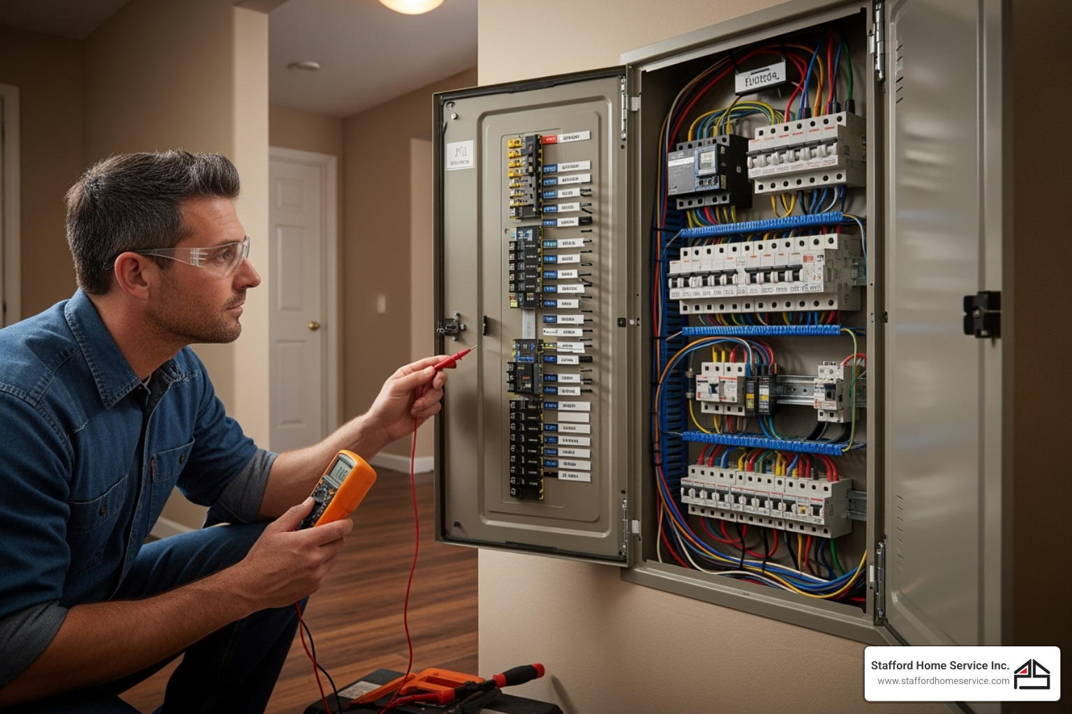 electrician inspecting electrical panel - circuit breaker tripping