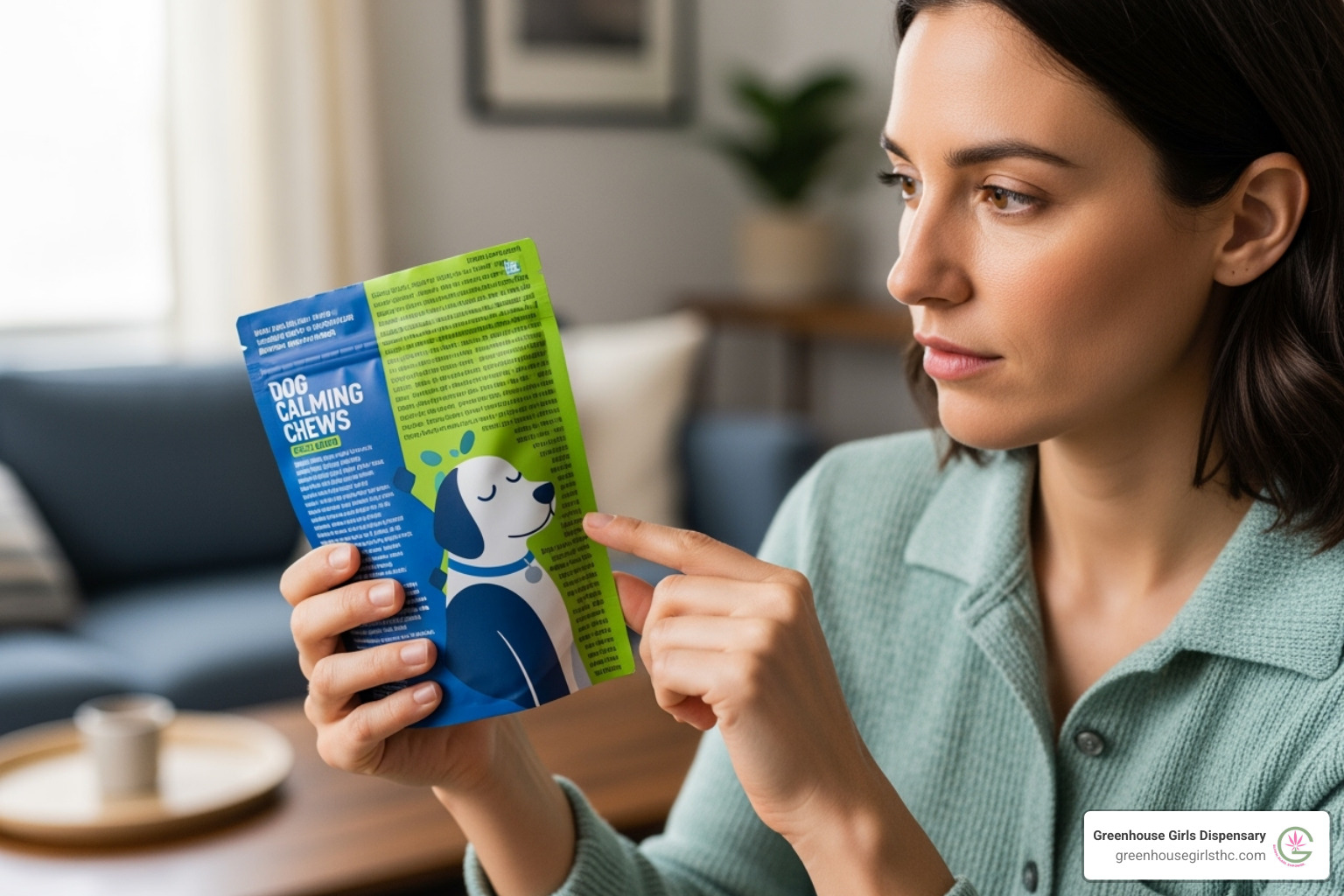 a person reading the label on a package of dog chews - calming chews for dogs