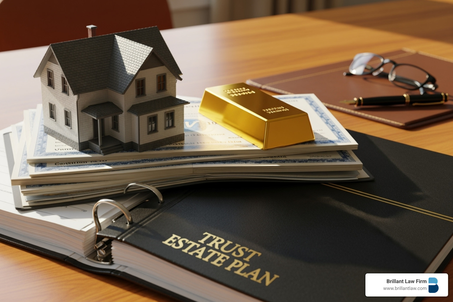 Illustration of various assets, including real estate and stocks, being placed into a charitable remainder trust document. Illustration of various assets, including real estate and stocks, being placed into a charitable remainder trust document.