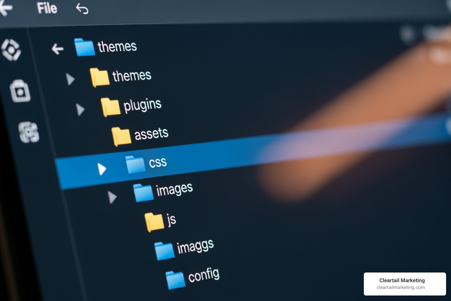 Developer's screen showing a well-organized project folder structure with clear directories for themes, plugins, assets (CSS, JS, images), and configuration files. - custom WordPress site