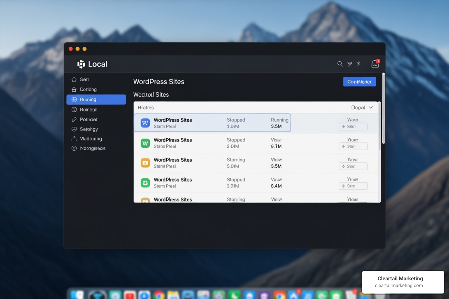 Screenshot of the Local by Flywheel interface, showing a list of local WordPress sites with their status and quick access controls. - custom WordPress site