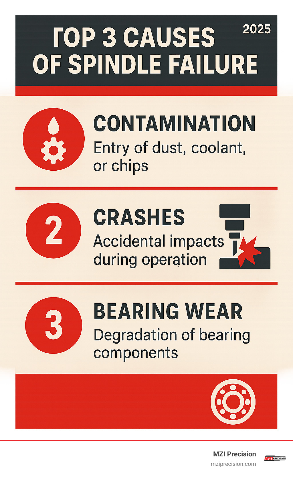 INFOGRAPHIC EXPLAINING THE TOP 3 CAUSES OF SPINDLE FAILURE: CONTAMINATION, CRASHES, AND BEARING WEAR. - ON SITE MILLING MACHINES SPINDLE REPAIR INFOGRAPHIC 