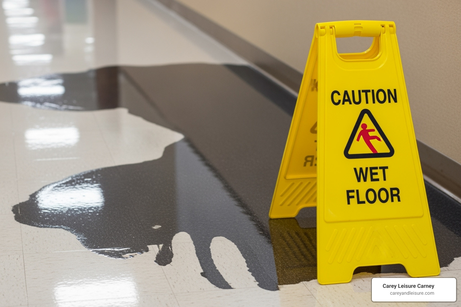yellow wet floor sign next to a puddle in a public hallway - best slip and fall attorneys near me yellow wet floor sign next to a puddle in a public hallway - best slip and fall attorneys near me