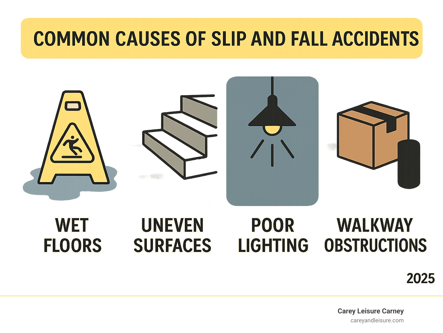 Infographic explaining the most common causes of slip and fall accidents like wet floors, uneven surfaces, poor lighting, and walkway obstructions - best slip and fall attorneys near me infographic Infographic explaining the most common causes of slip and fall accidents like wet floors, uneven surfaces, poor lighting, and walkway obstructions - best slip and fall attorneys near me infographic