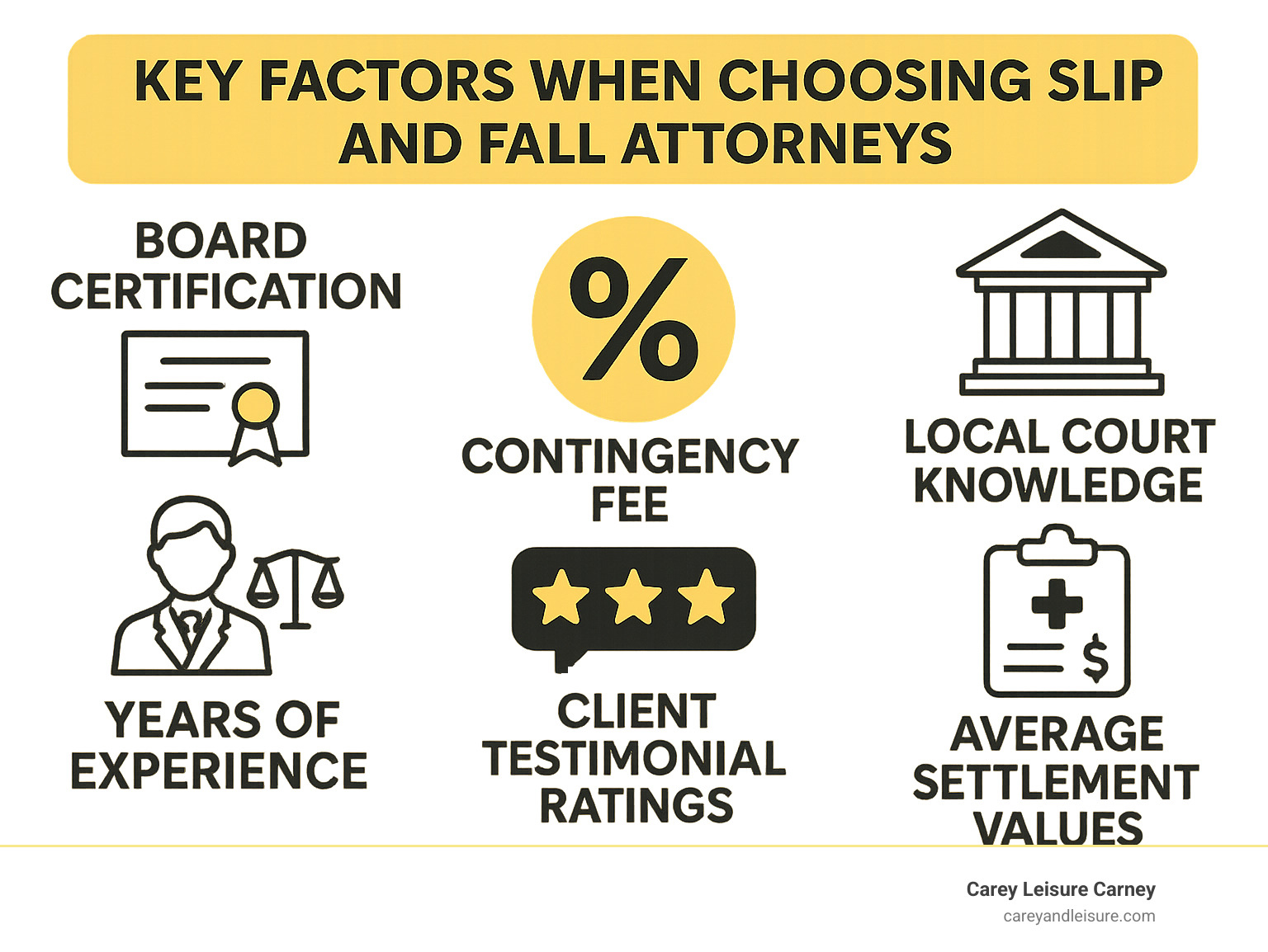 Infographic showing key factors when choosing slip and fall attorneys: board certification status, contingency fee percentages, local court knowledge, years of experience in premises liability cases, client testimonial ratings, and average settlement values for different injury types - best slip and fall attorneys near me infographic Infographic showing key factors when choosing slip and fall attorneys: board certification status, contingency fee percentages, local court knowledge, years of experience in premises liability cases, client testimonial ratings, and average settlement values for different injury types - best slip and fall attorneys near me infographic