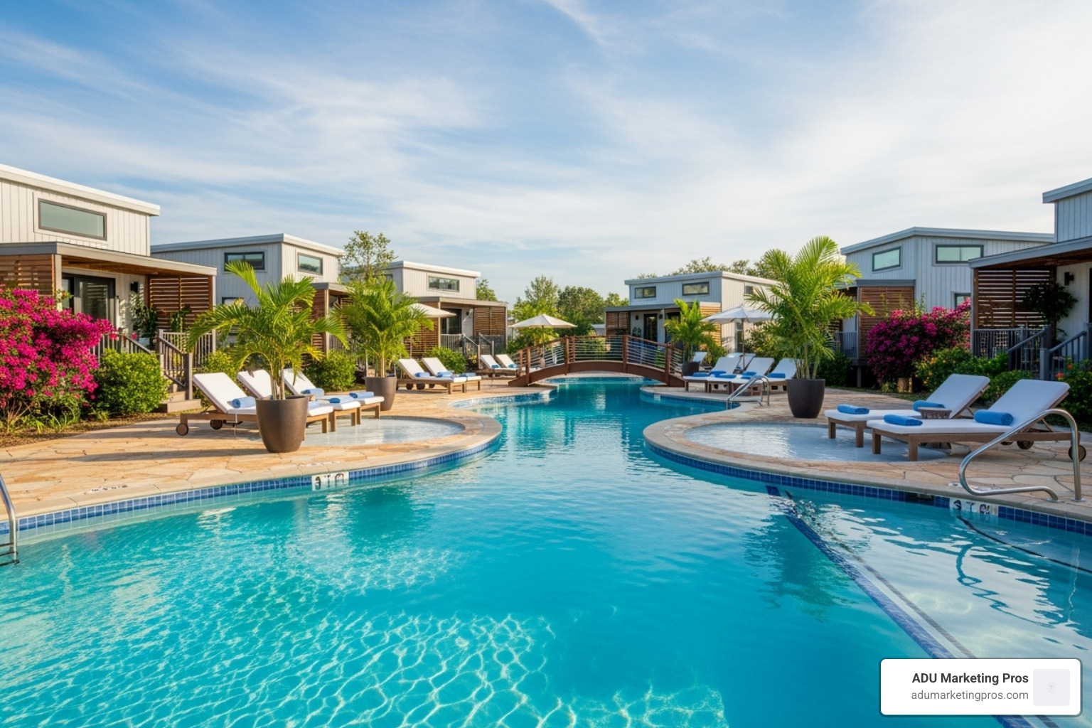 sparkling blue resort-style pool at Paradise Tiny Home Community, with modern tiny homes in the background - tiny home communities in southern california