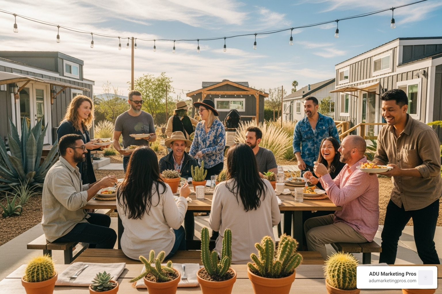 diverse group of residents laughing together at a communal outdoor dining area in a tiny home village - tiny home communities in southern california