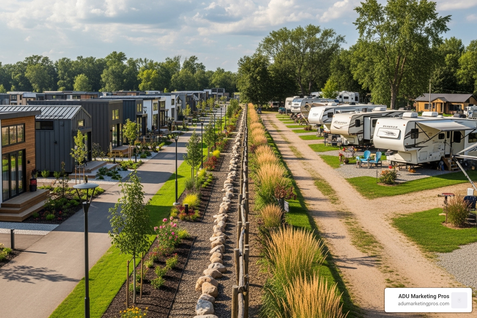 neatly organized, modern tiny home village with paved paths and landscaping, contrasted with a more rustic RV park setting that also features tiny homes - tiny home communities in southern california