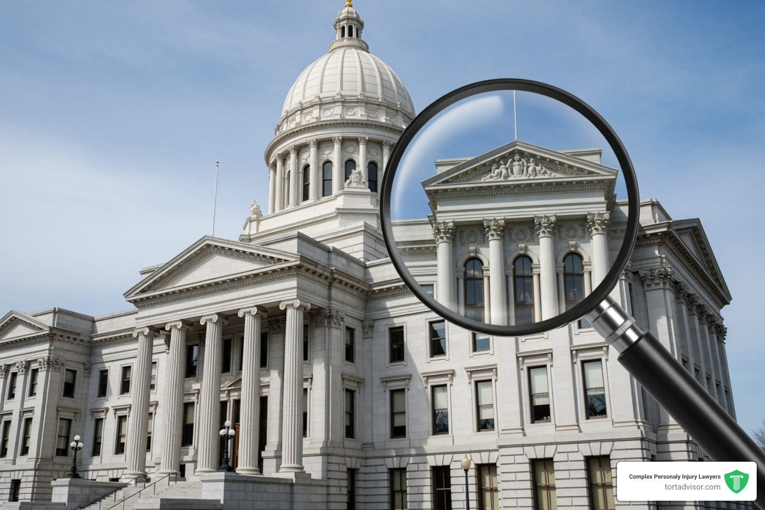 A courthouse with a magnifying glass over it, symbolizing legal scrutiny and investigation - Depo Provera lawsuit updates