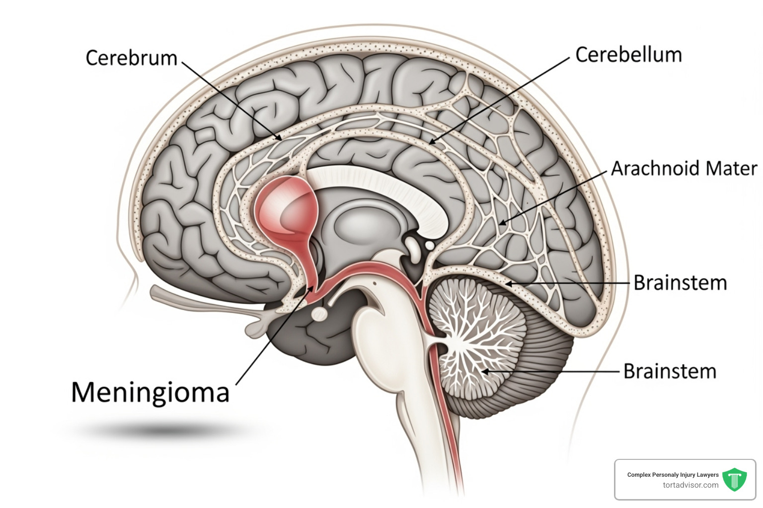 Diagram showing the brain and meninges, with a highlighted area indicating a meningioma - Depo Provera lawsuit updates