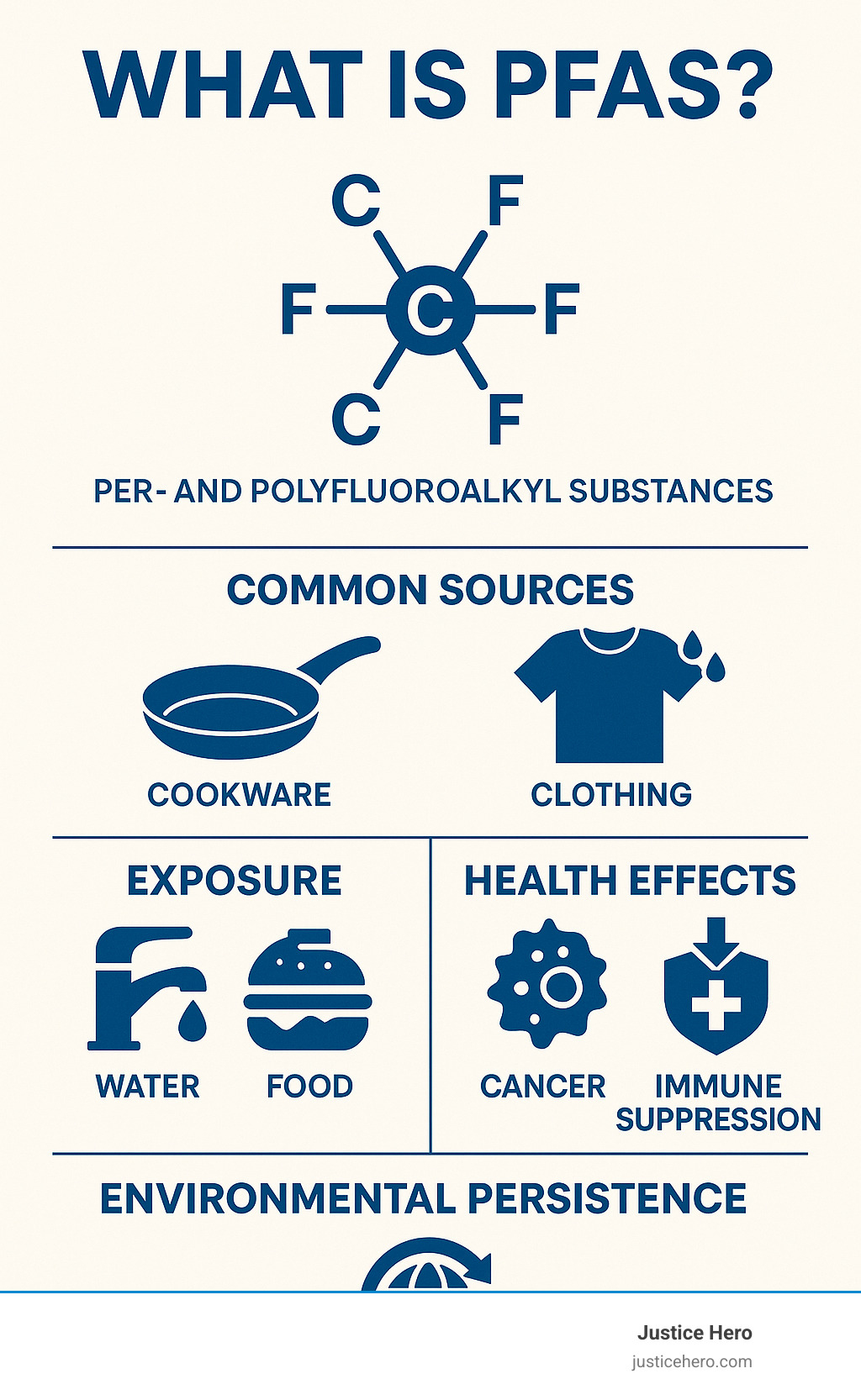 Comprehensive infographic showing PFAS chemical structure with carbon-fluorine bonds, common sources including cookware and clothing, exposure pathways through water and food, health effects like cancer and immune suppression, and environmental persistence cycle - what is PFAS infographic 