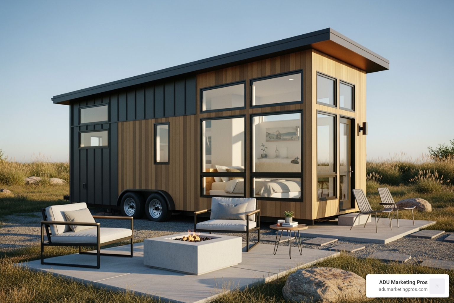 sleek, modern tiny home with a single-slope roof and large landscape windows, staged with minimalist furniture - tiny homes bay area